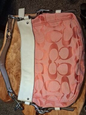 Coach Coral Signature Canvas Shoulder Bag with Cream Trim